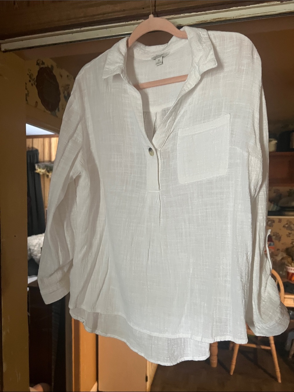 Lightweight Cream Linen Button-Neck Blouse